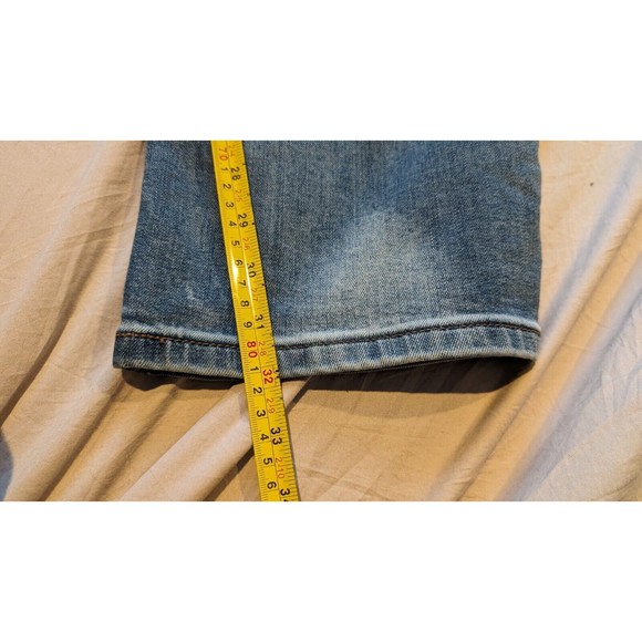 Franky Max Distressed Denim Blue Jeans 38x32 Embroidered Pockets Leather Trim - Picture 12 of 14